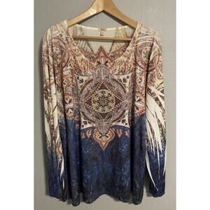 Reba Womens Top Size 3X Mixed Media Stretch Long Sleeve Rhinestone Artsy Boho